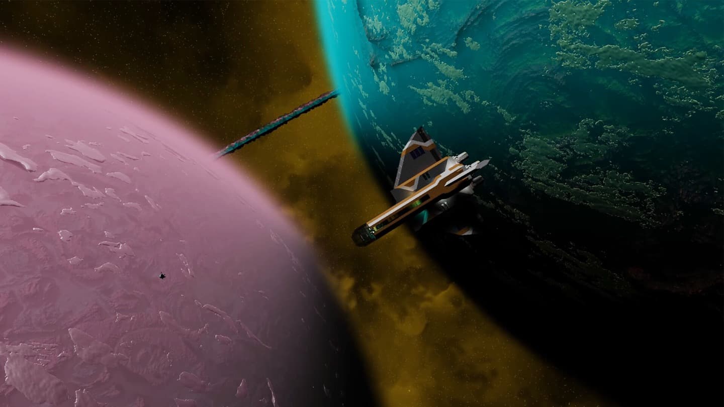 Official Approximately Up screenshot showing a modular spacecraft flying between colorful planets.